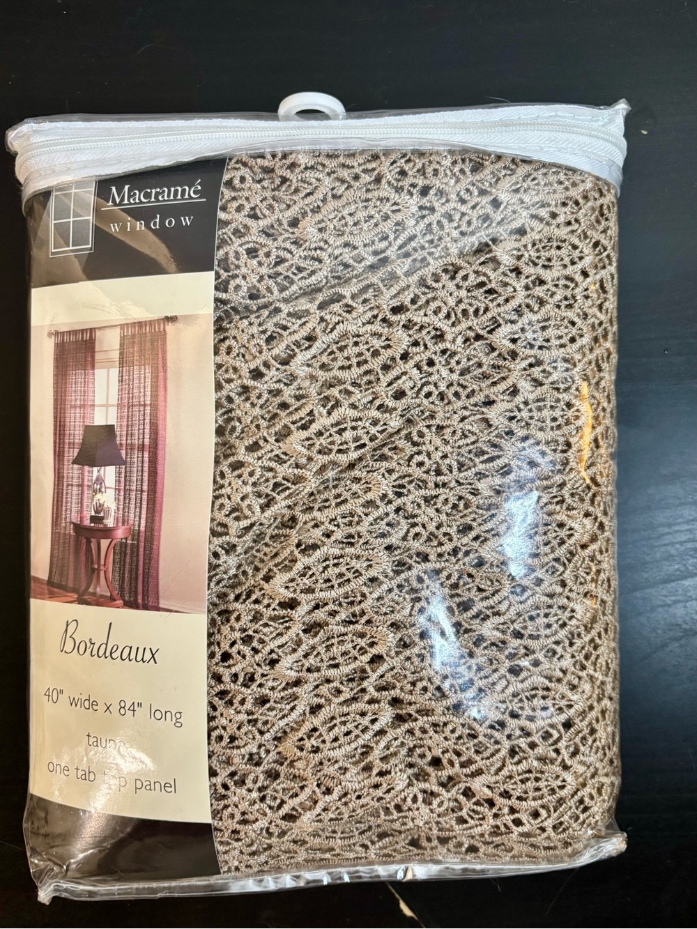 New in bag- Macramé Bordeaux Taupe Sheer Floral Tab Top Curtain Panel 40 x 84 in